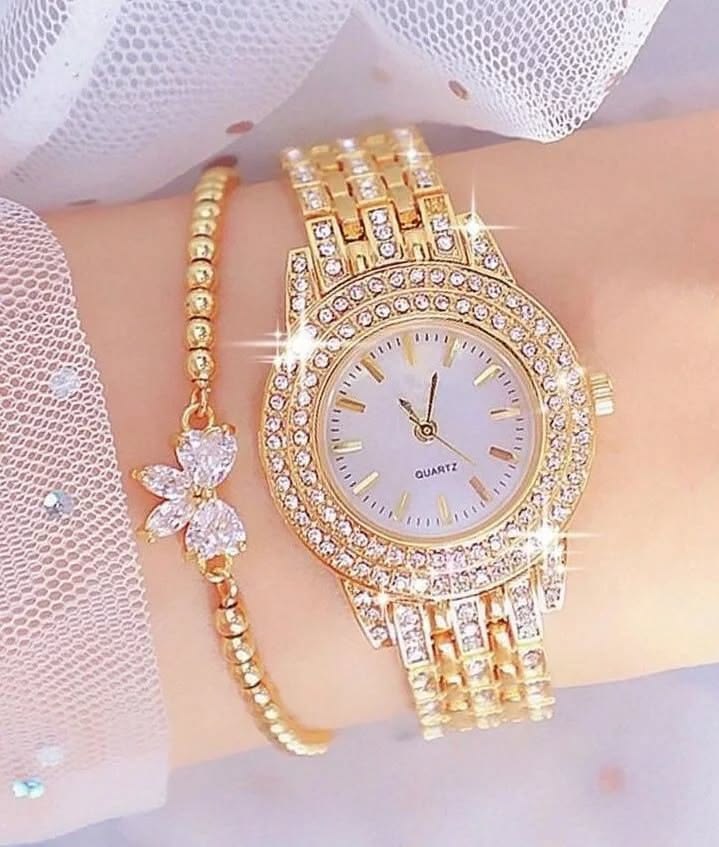 Yellow Gold Plated Ladies Watch with Strass Diamond Water Resistant Visit site